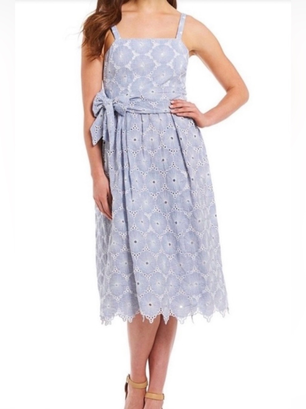NWT ANTONIO MELANI Light Blue Eyelet Midi Dress with Waist Tie